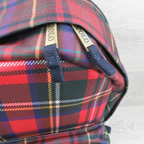 Polo Ralph Lauren Polo Bear Red Navy Plaid Check Backpack School Travel - Picture 5 of 16